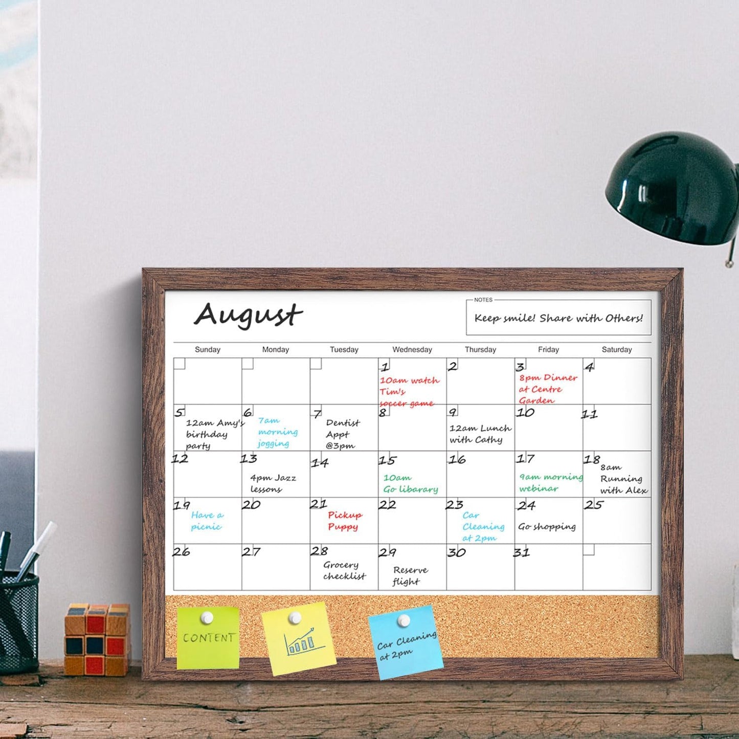Calendar Whiteboard for Wall, TANKEE 17x13 Inches Whiteboard Calendar Cork Board Combo, Small Magnetic White Board with Wood Framed, Hanging Dry Erase Board for Kitchen Home Office School Planner