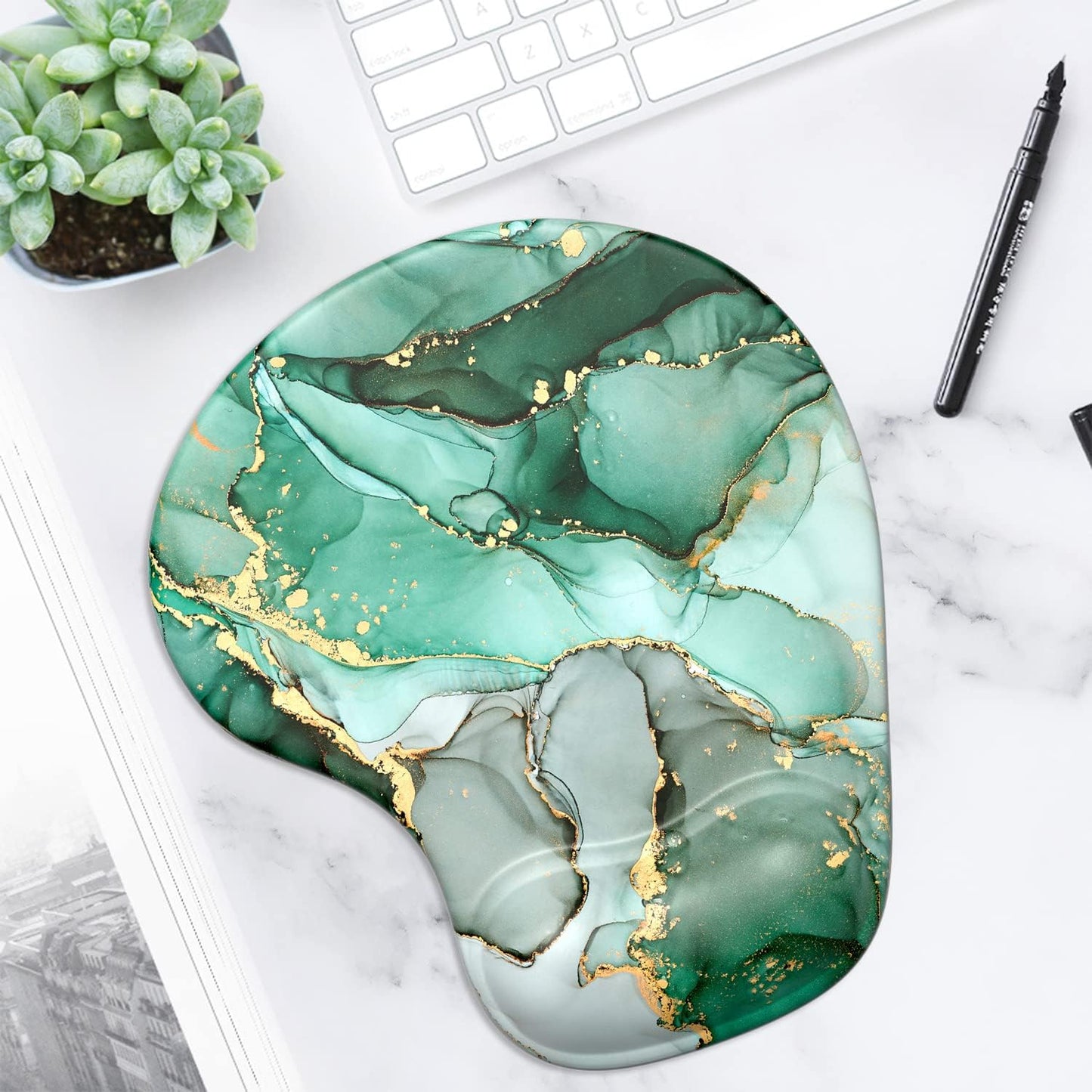 ITNRSIIET Ergonomic Mouse Pad with Gel Wrist Support Wrist Rest Smooth Surface Non-Slip PU Base Comfortable Office Supplies Pain Relief, 9.5 x 8 inches, Beach