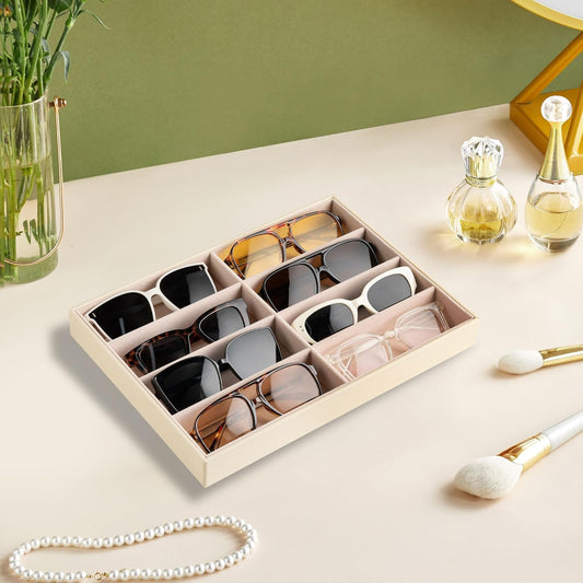 Frebeauty Sunglass Organizer,PU Leather Glasses Organizer,8-Slot Sunglasses Tray,Men's/Women's Sunglasses Box,Sunglass Case,13.3 x 9.6 x 1.5 Inches,Eyeglass/Eyewear Display Tray(Grey)