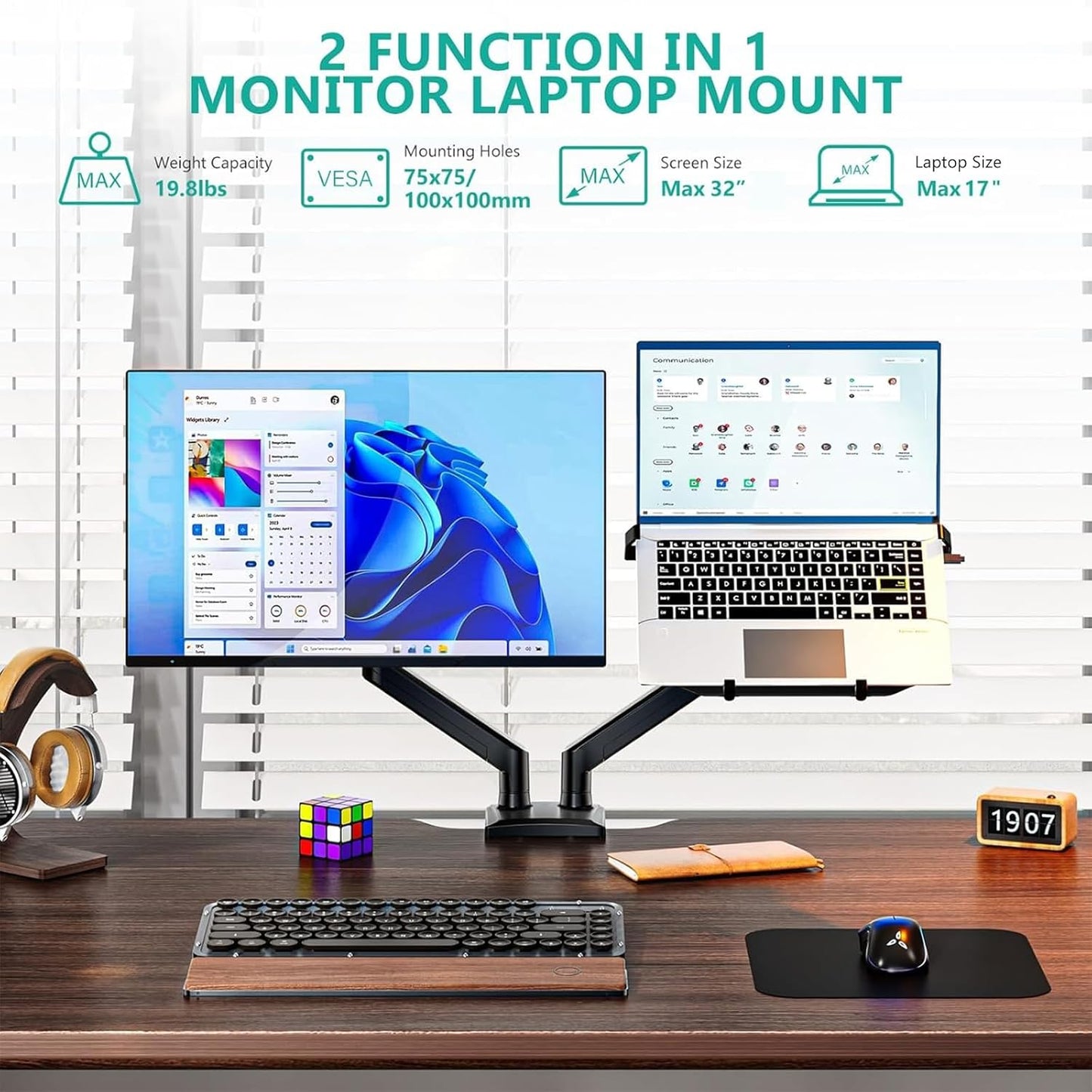 WALI Single Arm Laptop and Monitor Desk Mount for 17" Notebook and Up to 32" Screen, 2-in-1 Adjustable Monitor Arm with Laptop Tray, VESA 75x75 100x100,Holds 22-26.4 lbs, Black (GSMP001NLP)