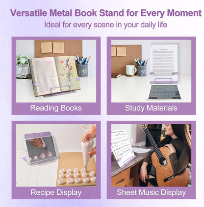 Metal Desk Book Stand for Reading with Adjustable Clips, Hands-Free Foldable Book Holder for Kids, Portable Document Stand for Desk, Display Stand for Recipes, Cookbooks, Tablets - Black