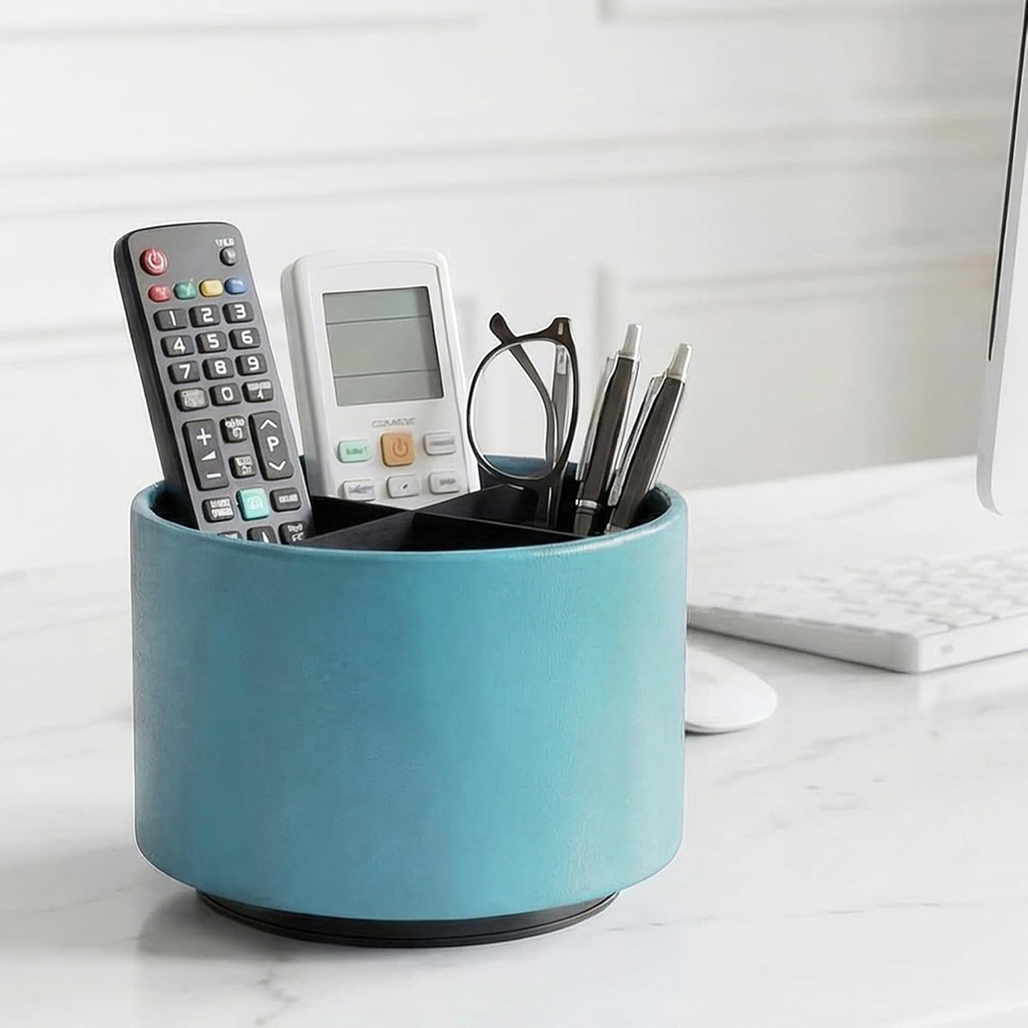 Round Leather Art Supply Organizer,Remote Control Holder,360 Degree Rotating,Multi-Functional Pencil Holder,4 Compartments Desktop Stationary Organizer(1-Fractal Flower) | Round - Colors A