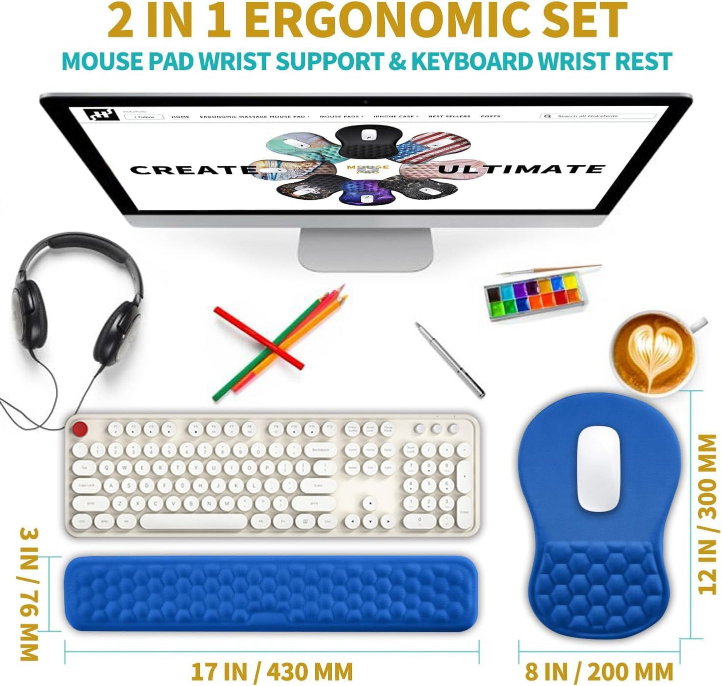 Hokafenle 2 in 1 Ergonomic Mouse Pad Wrist Support & Wrist Rest for Computer Keyboard Set, with Relieve Carpal Tunnel Pain Massage Bulge and Full Memory Gel Design (2In1 Set, Black)