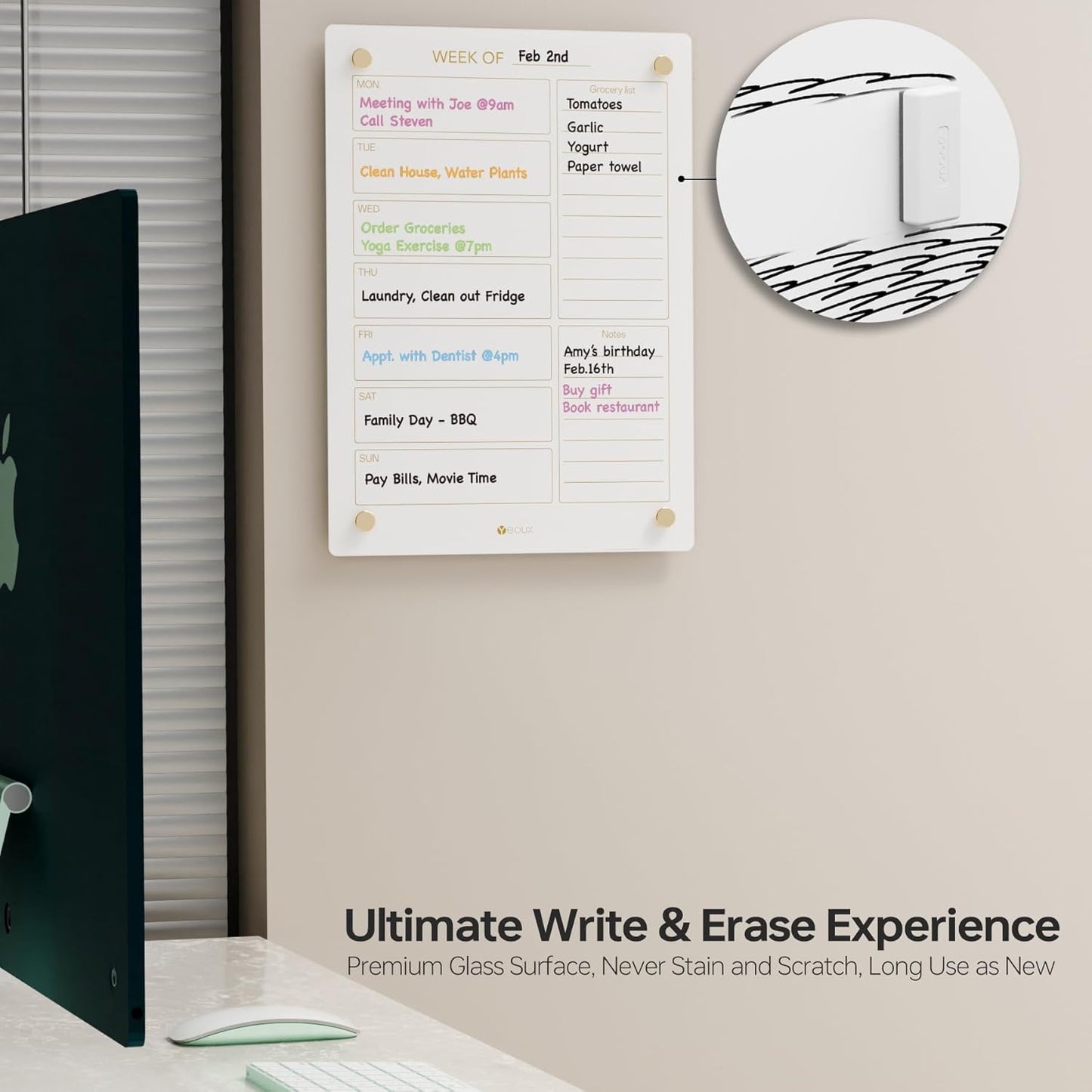 Glass Golden Weekly Dry Erase Calendar & Menu Whiteboard for Wall, Meal Planning & Grocery Shopping List White Board for Kitchen, 15x11, 7 Days Planner for Home, 4 Wet Erase Markers Included, Yeoux*