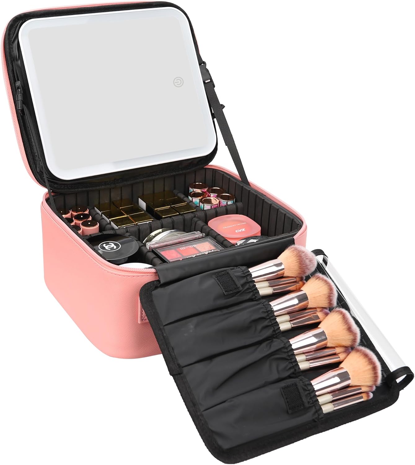 Relavel Travel Makeup Bag With LED Mirror, Cosmetic Train Case with Light up Mirror, Portable Makeup Artist Organizer Bag with Adjustable Dividers, Makeup Brush Holder Storage, Black