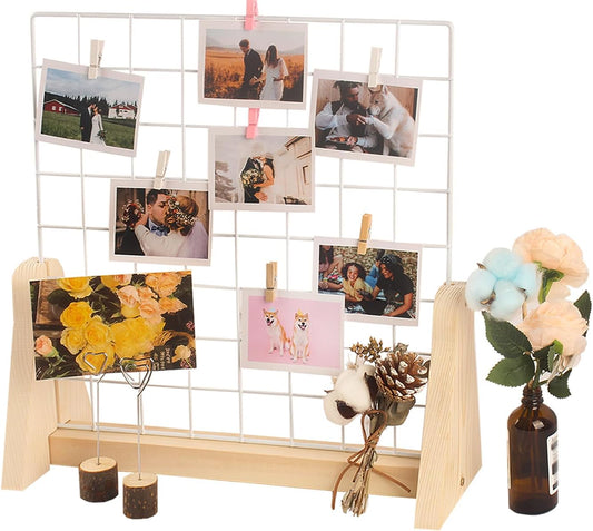 15.7”X15.7” Grid Wall Countertop Display Stand Metal Grid Wall Stand with Mini T-Base Portable Tabletop Display Unit with 20 Small Clips for Shows Retail Crafts Artistic Drawings Photos