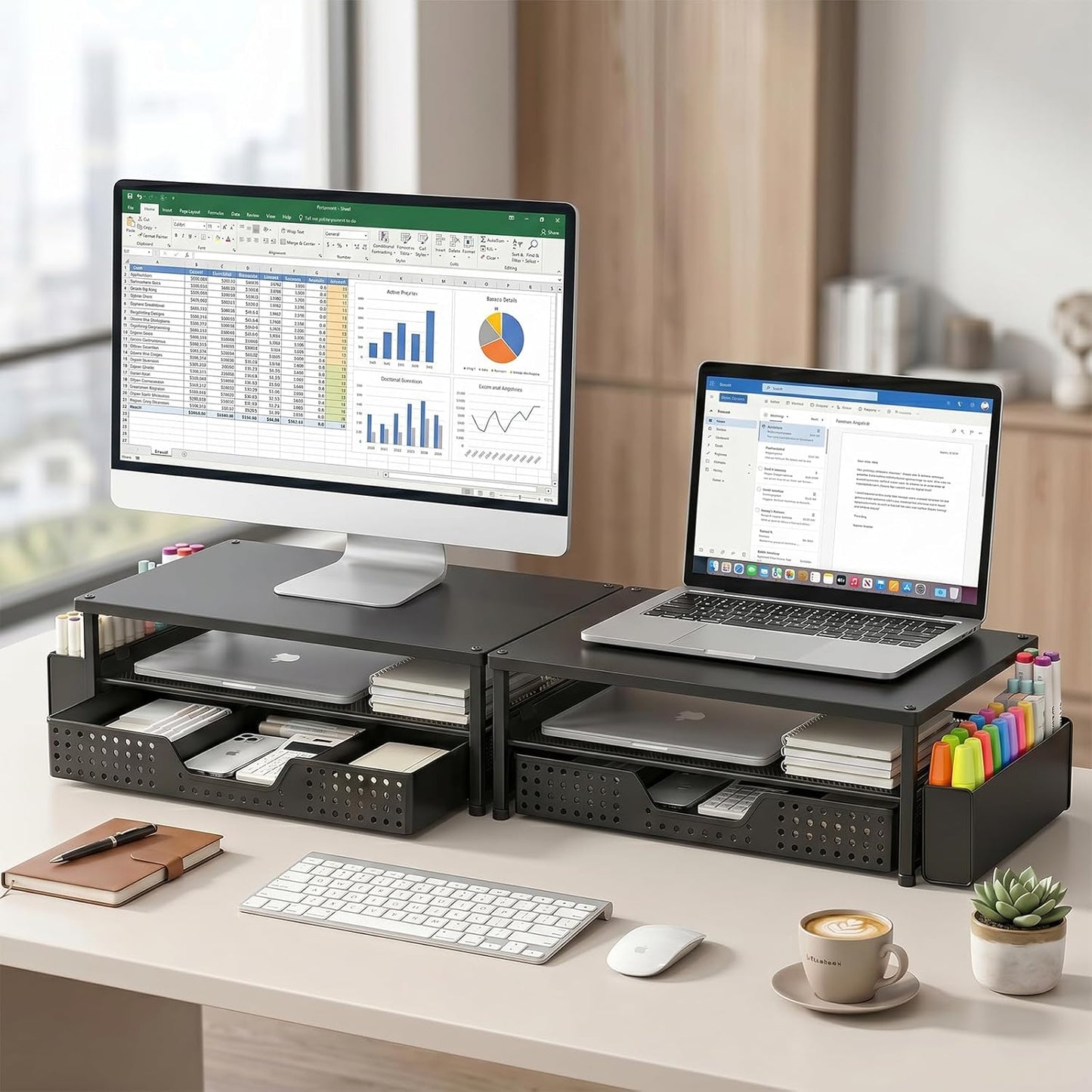 ECOLOVI Desk Organizer and Accessories, 2-Tier Computer Monitor Stand Rise with Storage Drawer & 2 Pen Holders, Laptop & Printer Stand for Desktop, Workspace Organizers for Office Supplies (Brown)