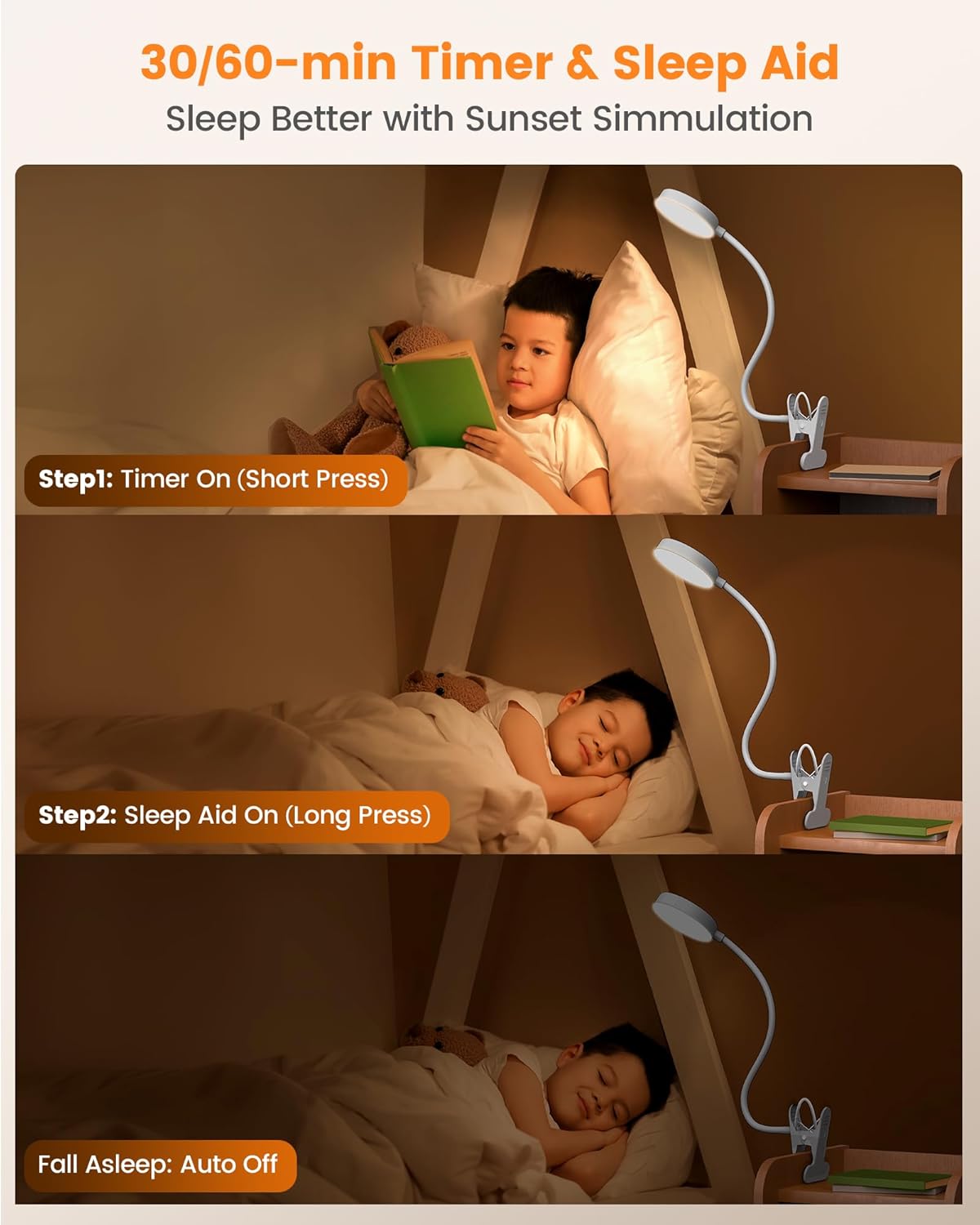 Glocusent 72 LED Clip on Lamp with Remote, Reading Light with Amber Ring, 3 Colors & 5 Dimmable Bed Lamp, 30/60-Min Auto Off Timer, Clamp Light for Headboard/Dorm/Bunk (Black)