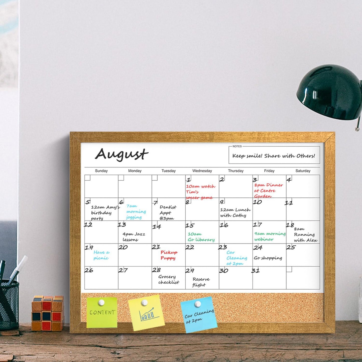Calendar Whiteboard for Wall, TANKEE 17x13 Inches Whiteboard Calendar Cork Board Combo, Small Magnetic White Board with Wood Framed, Hanging Dry Erase Board for Kitchen Home Office School Planner