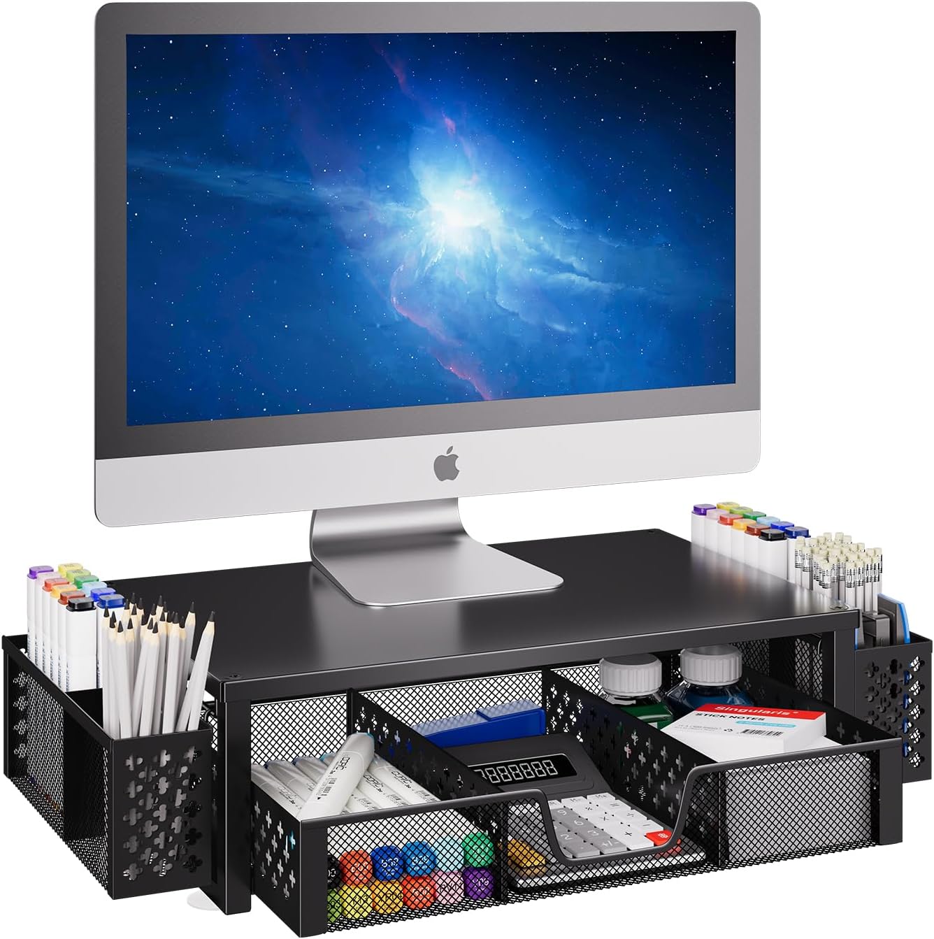 Simple Trending Desk Organizer and Accessories, 2 Tier Computer Metal Monitor Stand Riser with Drawer and Pen Holder for Laptop, Computer, iMac, Black