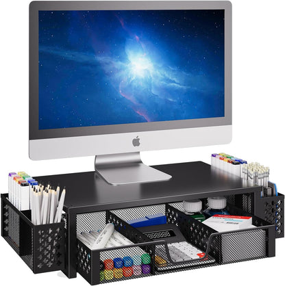 Simple Trending Desk Organizer and Accessories, 2 Tier Computer Metal Monitor Stand Riser with Drawer and Pen Holder for Laptop, Computer, iMac, Black