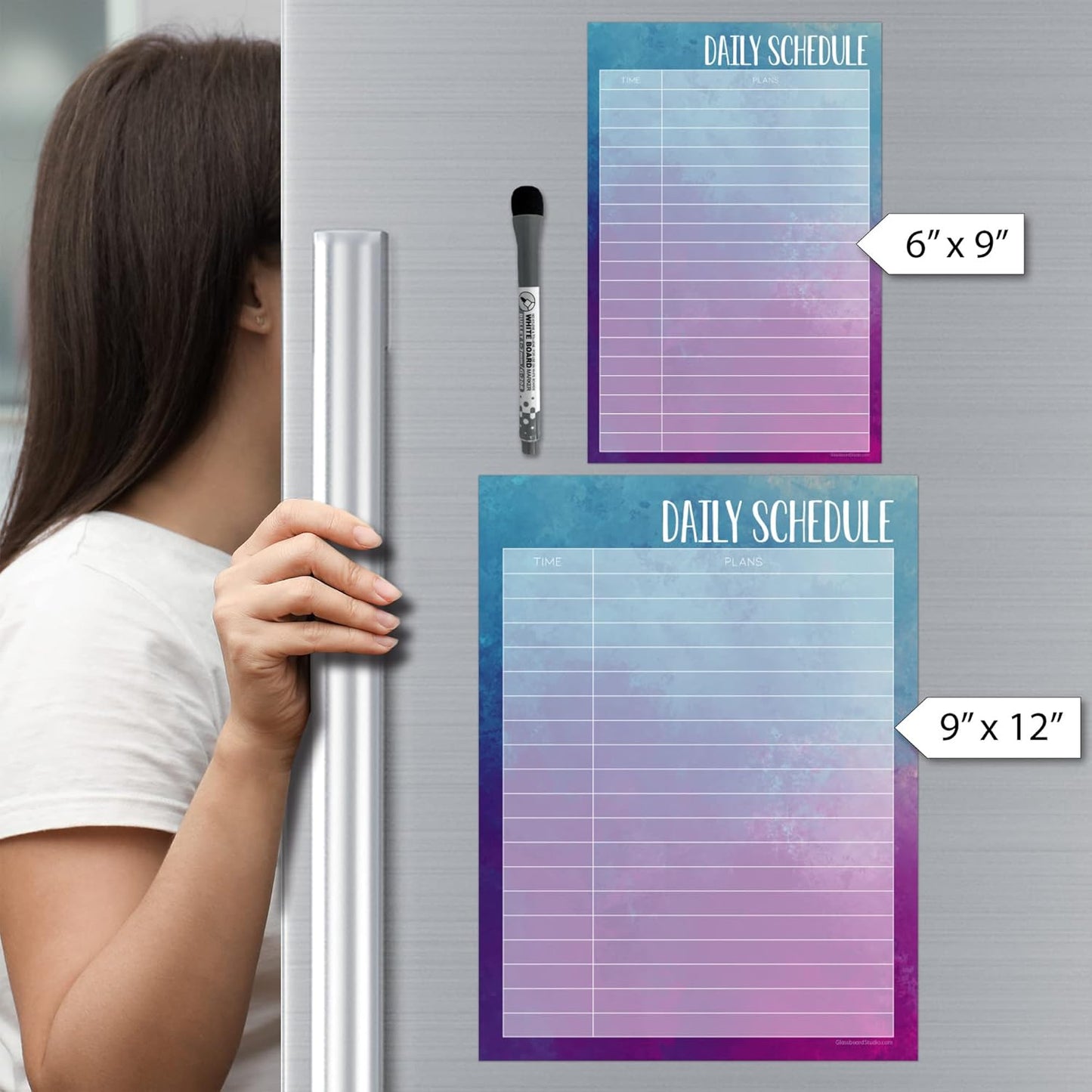 Dry Erase Daily Schedule Planner Sticker Decal by Glassboard Studio | Removable & Reusable | Magnetic Fine-Tip Marker Included (9 x 12 inches, White)