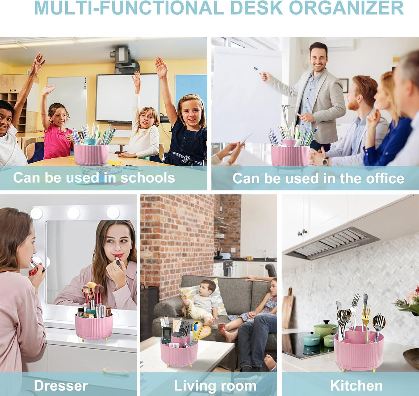 Cayxenful Pencil Holder For Desk,5 Slots 360°Degree Rotating Desk Organizers And Accessories,Desktop Storage Stationery Supplies Organizer, Cute Pencil Cup Pot For Office, School, Home (C-Blue)