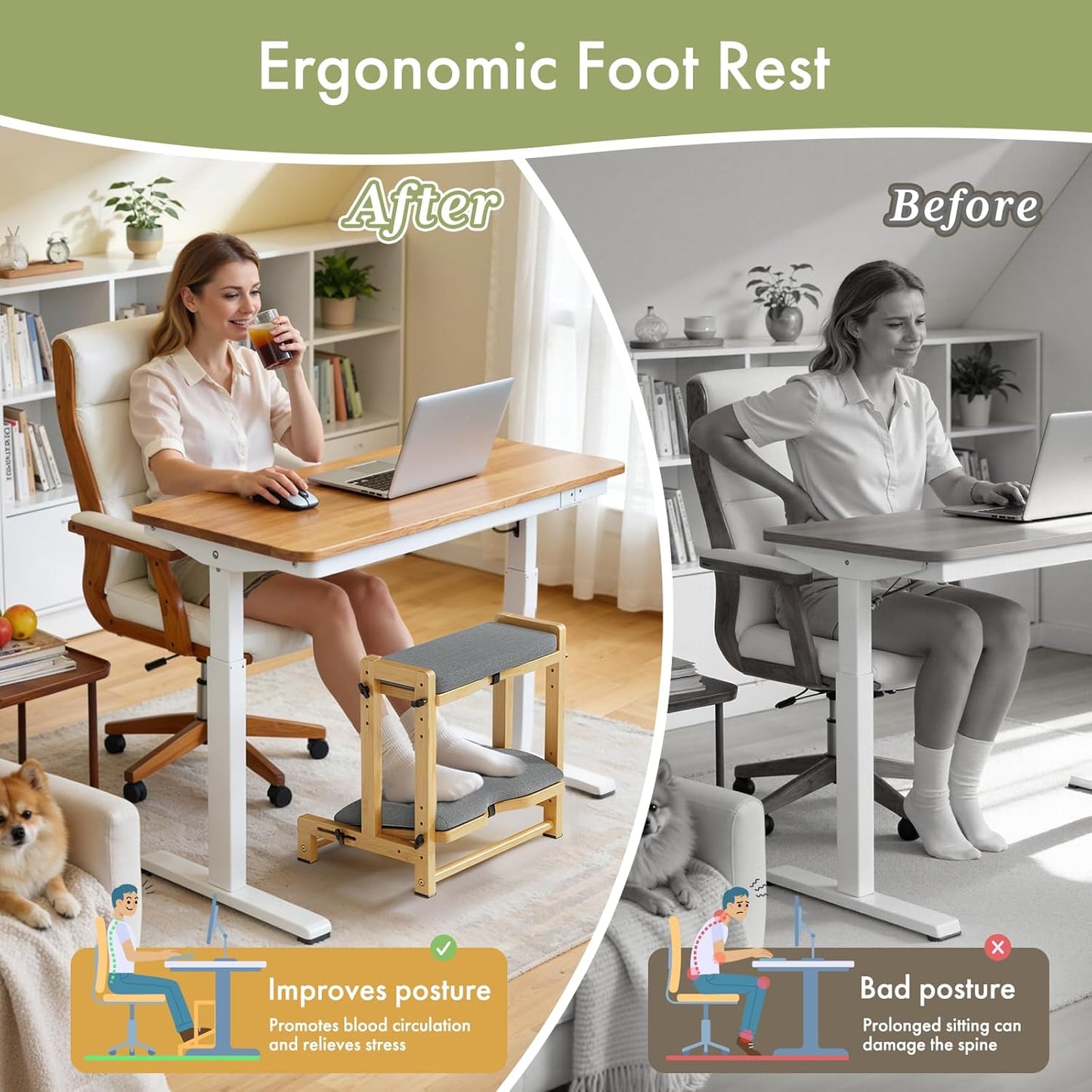 Double Step Foot Rest Under Desk, Adjustable Wooden Desk Foot Rest with 4 Heights, Ergonomic Foot Stool with Cushion for Office, Gaming & Study (Natural Color)