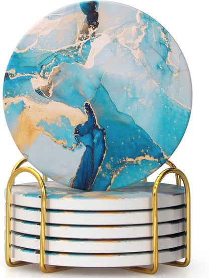 Coasters Set of 6, Navy Blue Marble Abstract Round Ceramic Coasters with Holder, Best Absorbent Drink Coaster Set, Coffee Table Decor for Home Decor House Warming Gifts New Home