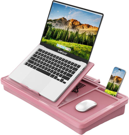 LAPGEAR Ergonomic Pro 2.0 Lap Desk with 9 Adjustable Heights, Built-in Mouse Pad & Phone Slot – Full Microbead Cushion, Storage Pocket – Fits Laptops up to 15.6" – Dusty Rose – Style No. 49504