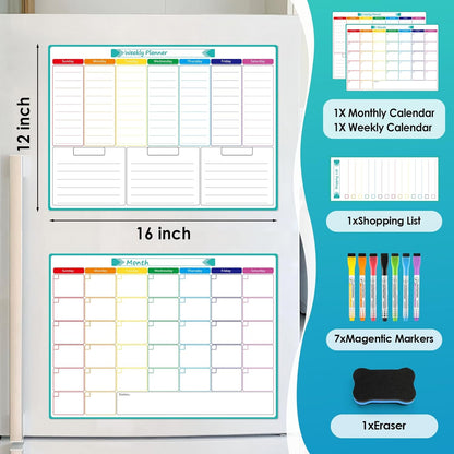 MaxGear Weekly Dry Erase Board for Fridge, 16"x12" Magnetic Calendar Whiteboard Planner for Refrigerator with Stain Resistant Technology, Include 7 Fine Point Markers and 1 Eraser