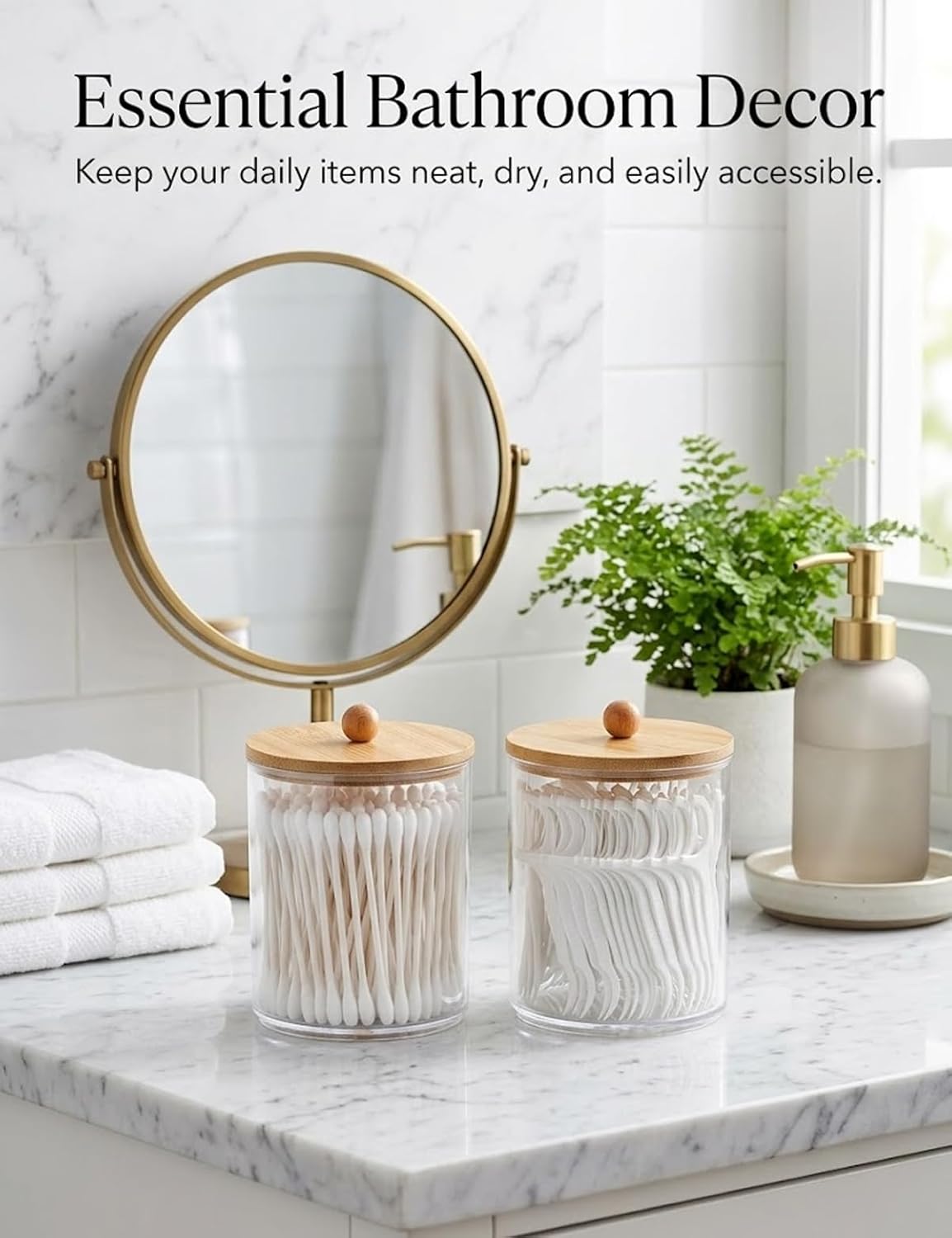 Q Tip Holder for Bathroom with Bamboo Lid, Medium Clear Plastic Cotton Swab Dispenser, Shatterproof Apothecary Jar, Vanity Organizer for Cotton Balls Rounds Hair Ties