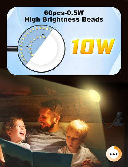 Desk Lamp with Clamp-10W，2-in-1 with RGB Ambient & Warm White Light,Book Reading Light Color Changeable/Flexible Gooseneck LED Lamps Clip on Bed Headboard and Computers 800LM-Black