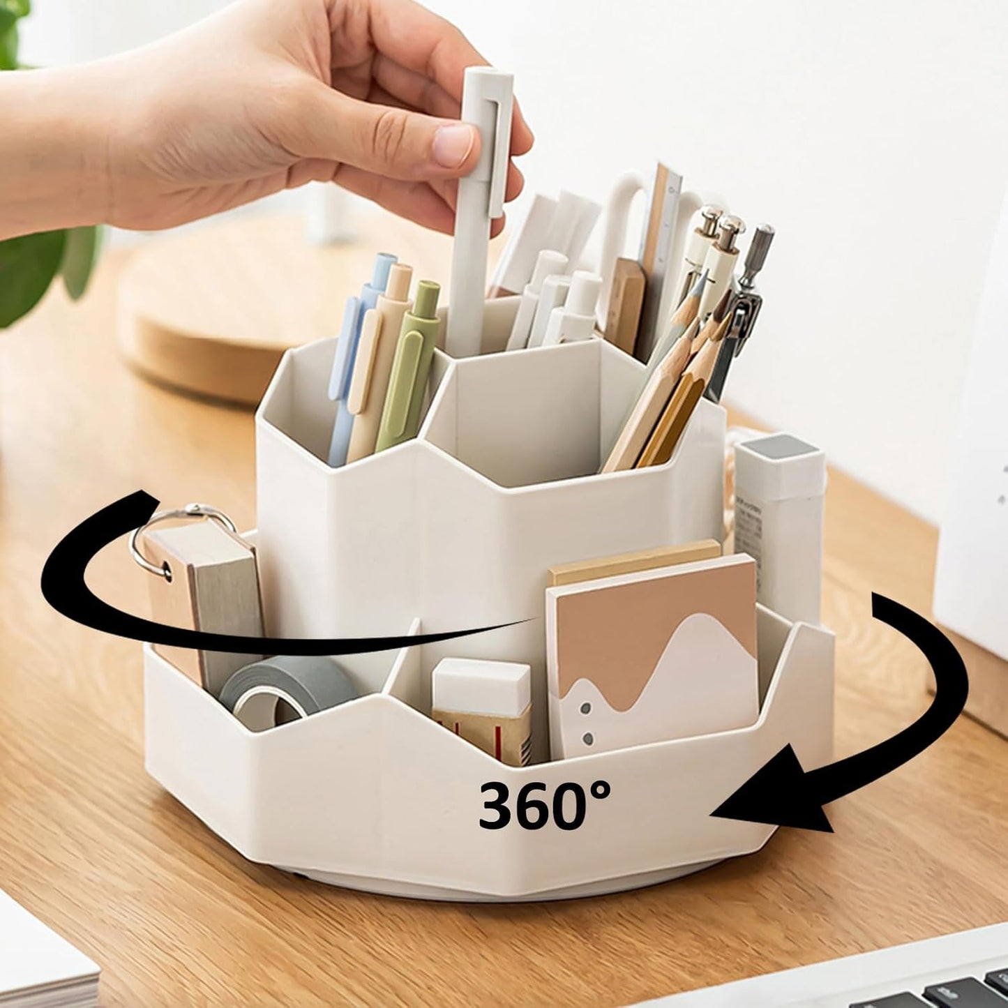 Rotating Desk Organizer, 360° Rotating Pencil Pen Holder for Desk, Desk Organizers and Accessories with 11 Slots Pencil Organizer, Art Supply Storage Box Caddy for Office (Beige)