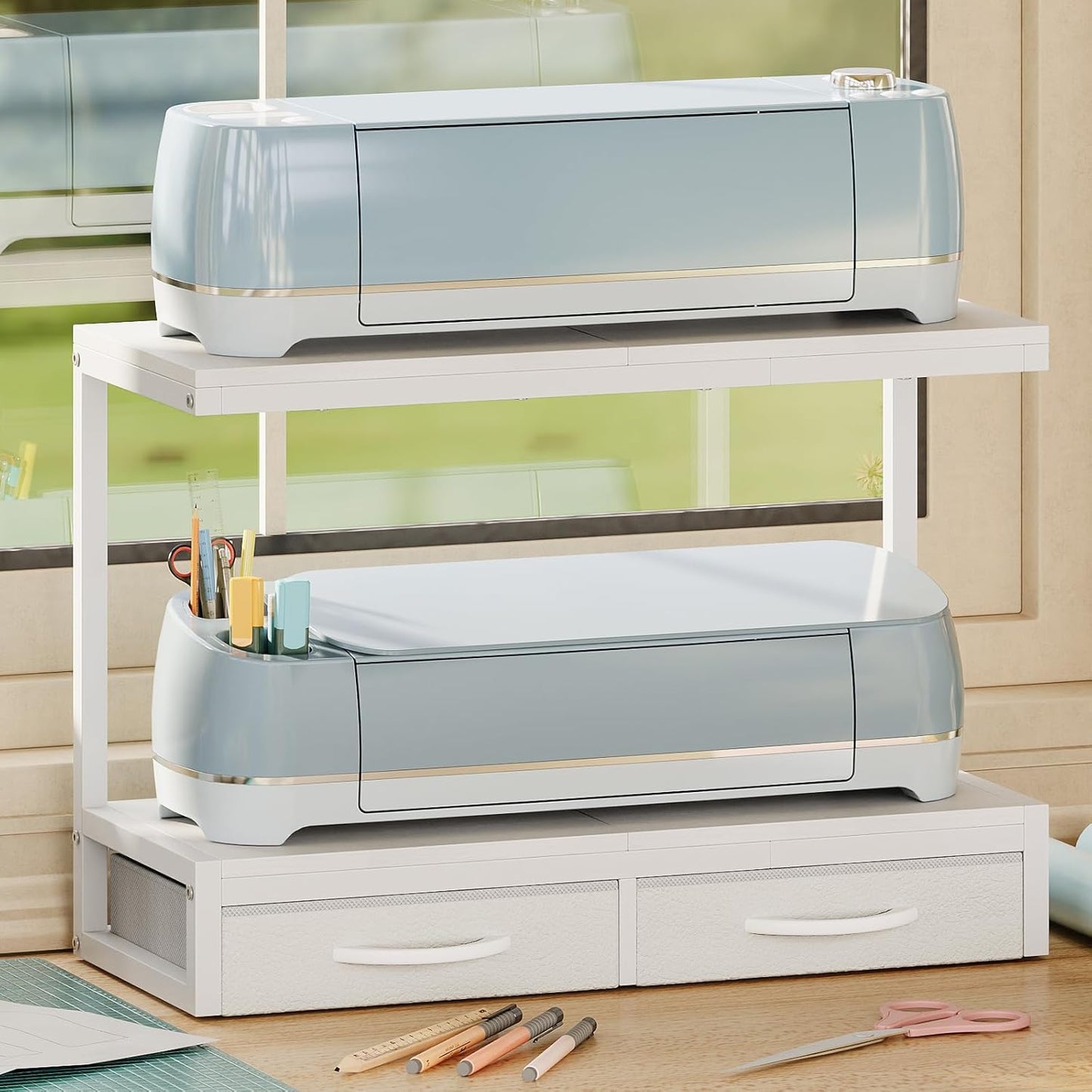 VENNQD Stand Compatible with Cricut Maker and Cricut Explore Air Series Stand Legs for 2 Cricut Machines Fully Open 2 Tier Desktop Craft Accessories Storage Organizer (White)