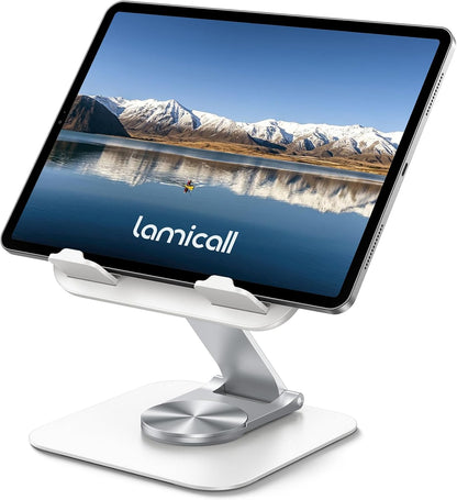 Lamicall Adjustable iPad Stand for Desk - [Ultra-Slim Foldable][360°Rotation Base] Tablet Holder Stand, Heavy-Duty E-Reader Kindle Holder for 4.7-13" Device, iPad Pro Air Mini, Kindle, Tabs, iPhone