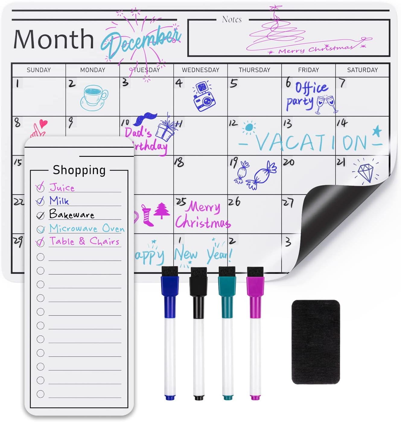 Amazon Basics Magnetic Dry Erase Calendar Whiteboard Set for Fridge, 3-Pack with 8 Markers and Eraser