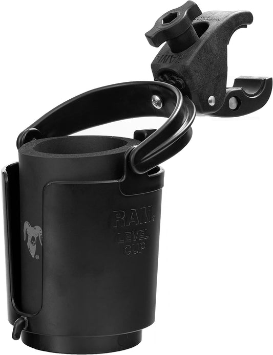 RAM Mounts Tough-Claw Mount Cup Holder, Level Cup 16oz Self-Leveling Drink Holder with B Size 1" Ball, Handlebar & Rail Clamp RAM-B-132-400U