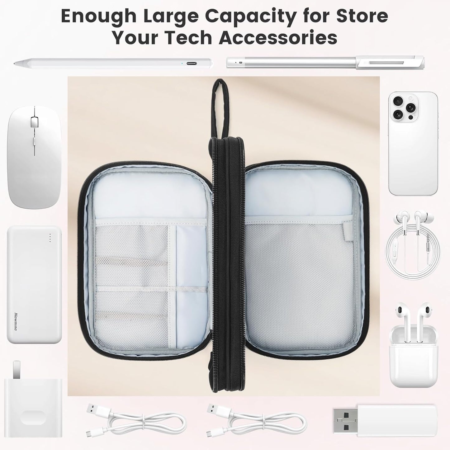 Skycase Tech Pouch - Lightweight Electronics Organizer Travel Case - Double Layers Cable Organizer - All-in-One Storage Bag for Charger, Cord, Phone, Flash Drive, Essentials - XL