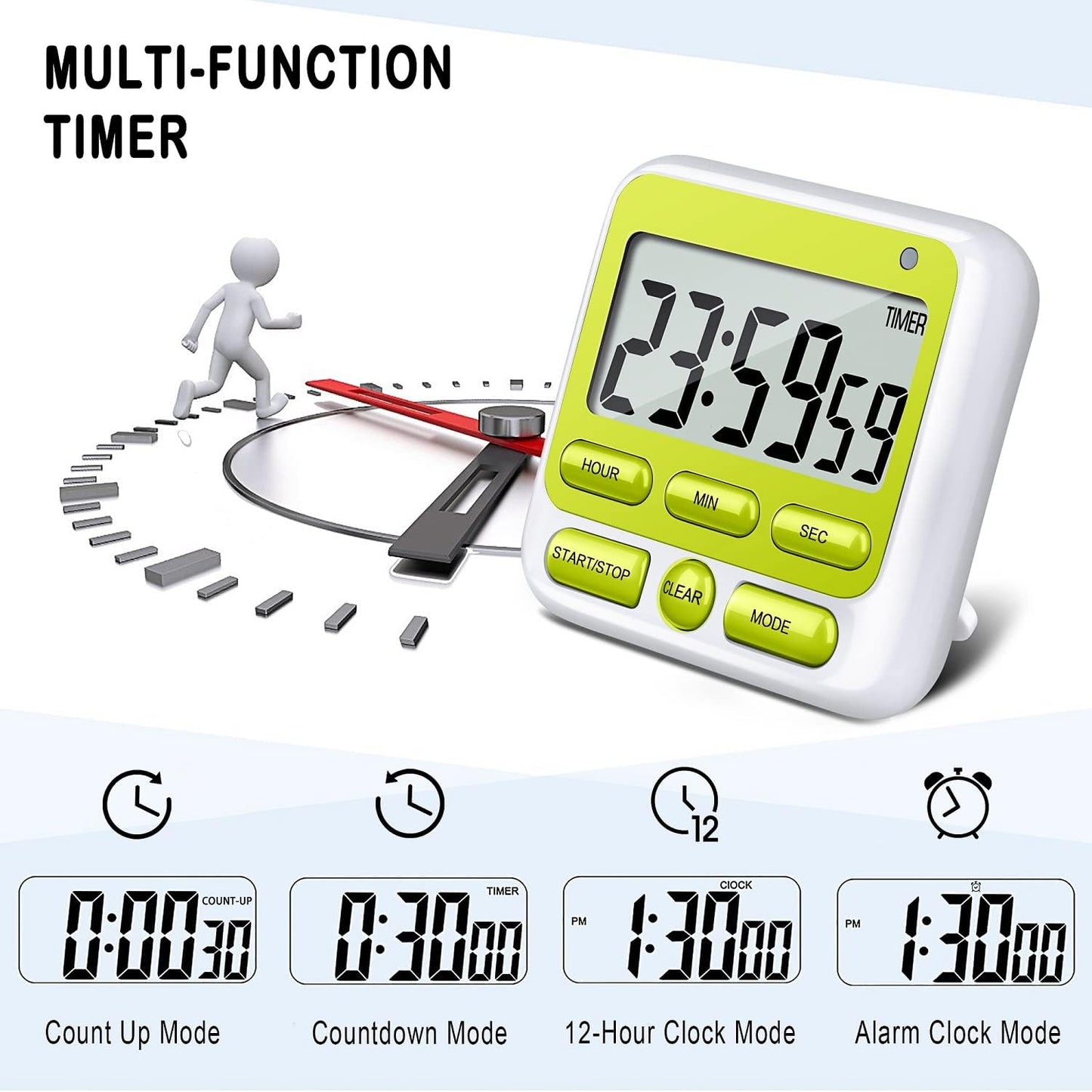 KTKUDY Digital Kitchen Timer with Mute/Loud Alarm Switch ON/Off Switch, 12-Hour Clock & Alarm, Memory Function Count Up & Count Down for Kids Teachers Cooking, Large LCD Display, Strong Magnet (Black)