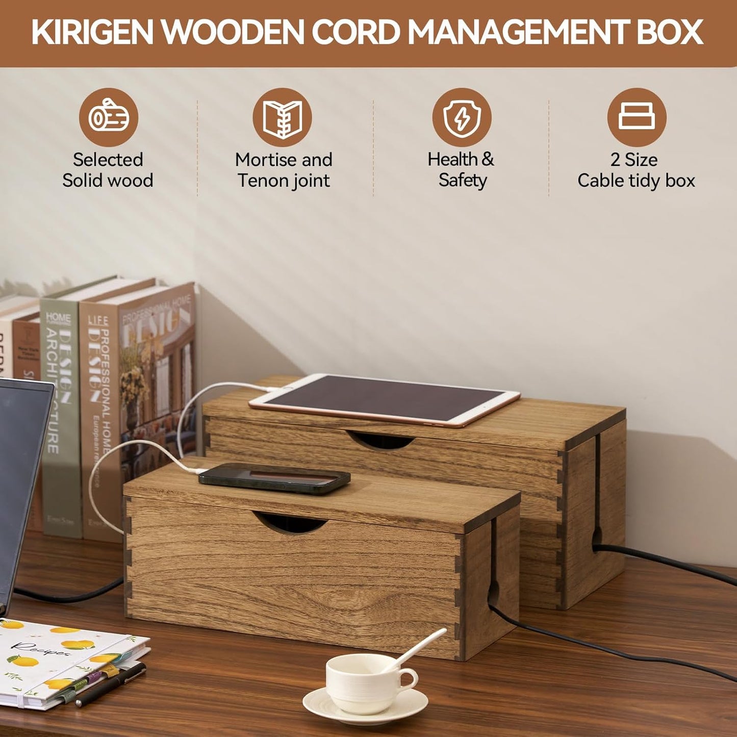 KIRIGEN Wooden Cable Management Box Set of 2 - Solid Wood Large & Small Cord Organizer Hides Power Strips, Chargers & Wires for Desk, TV Stand, Home Office DXH2T-NA