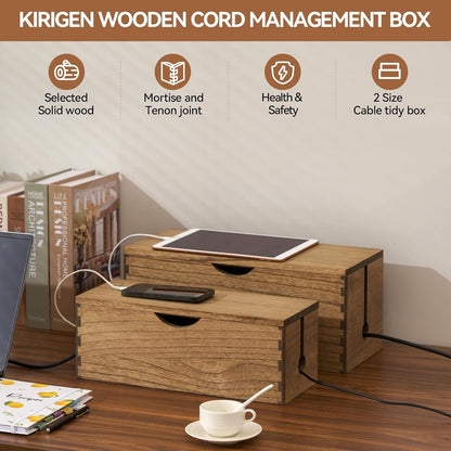 KIRIGEN Wooden Cable Management Box Set of 2 - Solid Wood Large & Small Cord Organizer Hides Power Strips, Chargers & Wires for Desk, TV Stand, Home Office DXH2T-NA