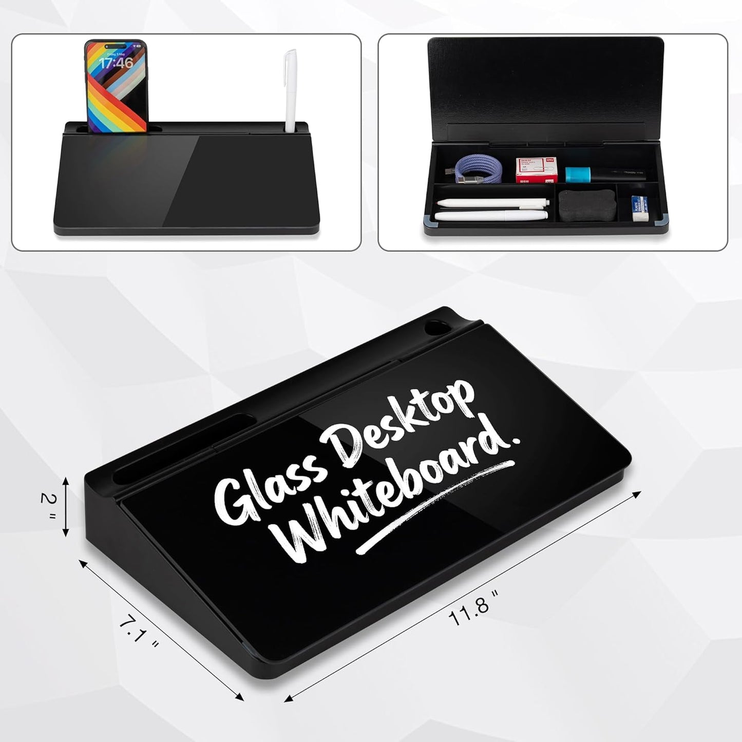 Glass Desktop Whiteboard 15.8×7”, Dry Erase Note Memo Board, Desk Organizer with Storage for Office, Home, Study, Black