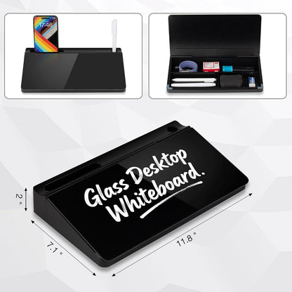 Glass Desktop Whiteboard 15.8×7”, Dry Erase Note Memo Board, Desk Organizer with Storage for Office, Home, Study, Black