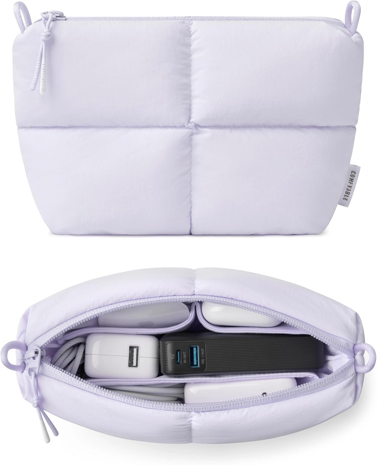Comfyable Puffy Electronics Organizer Travel Case, Cute Tech Pouch for Women Men, Cable Storage Bag for Charger, Phone, Power Bank, Cord, Compact Tech Accessories Pouch, Rice