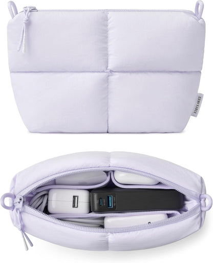Comfyable Puffy Electronics Organizer Travel Case, Cute Tech Pouch for Women Men, Cable Storage Bag for Charger, Phone, Power Bank, Cord, Compact Tech Accessories Pouch, Rice