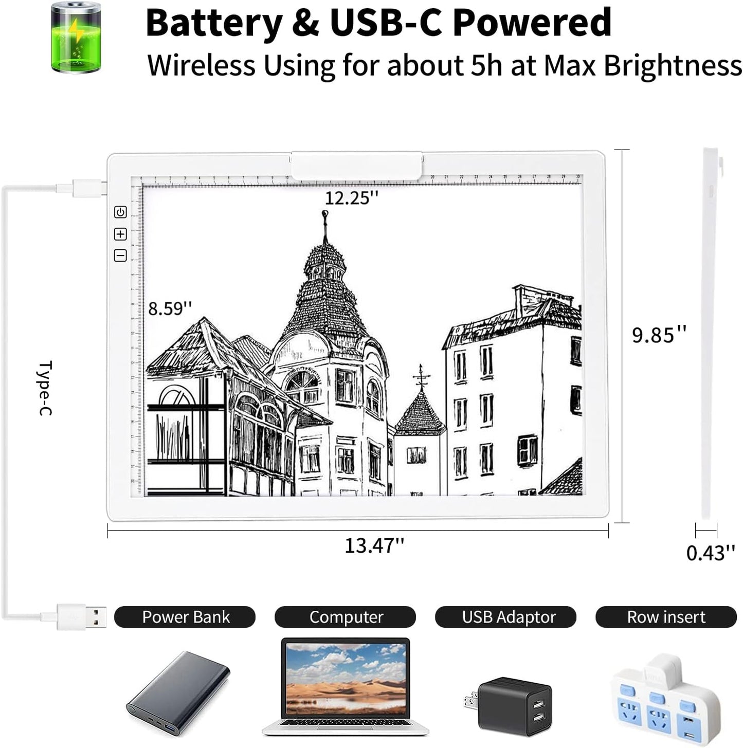 A4 Wireless LED Light Pad with Carry Bag, Innovative Stand and Top Clip, TOHETO Rechargeable Light Box Stepless Dimmable and 6 Levels Brightness Cordless Light Board for Tracing Weeding Vinyl (Black)