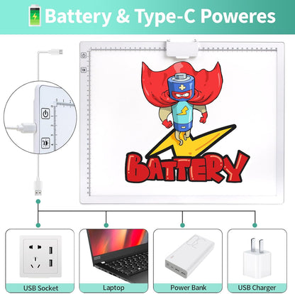 Rechargeable A4 Light Pad - Stepless Dimmable 6 Levels Brightness Tracing Light Box, Diamond Painting Light Board with Top Clip, Battery Powered Portable Light Pad for Weeding Vinyl Tracing
