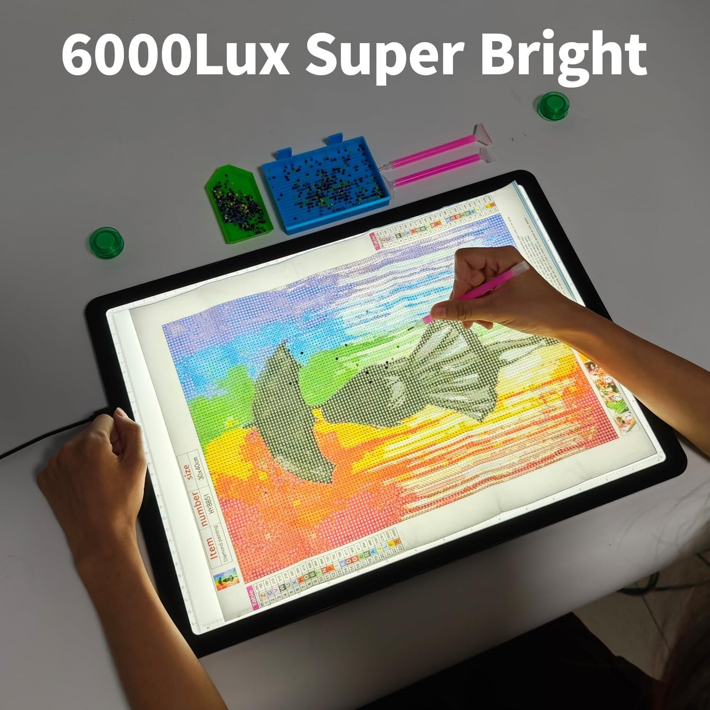 TSOCOS 11000Lux A4 Diamond Art Light Board with Carry Bag, High-Brightness Light Pad with Side Physical Buttons & 6 Levels of Brightness, 3 Colors Light Box for Tracing, Diamond Painting