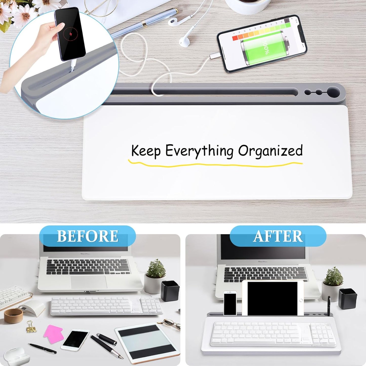 DOLLAR BOSS Glass Desk Whiteboard Calendar Small Dry Erase Board Desktop White Board with Storage Drawer Computer Keyboard Stand Desk Organizer, Colorful Weekly Calendar, Black