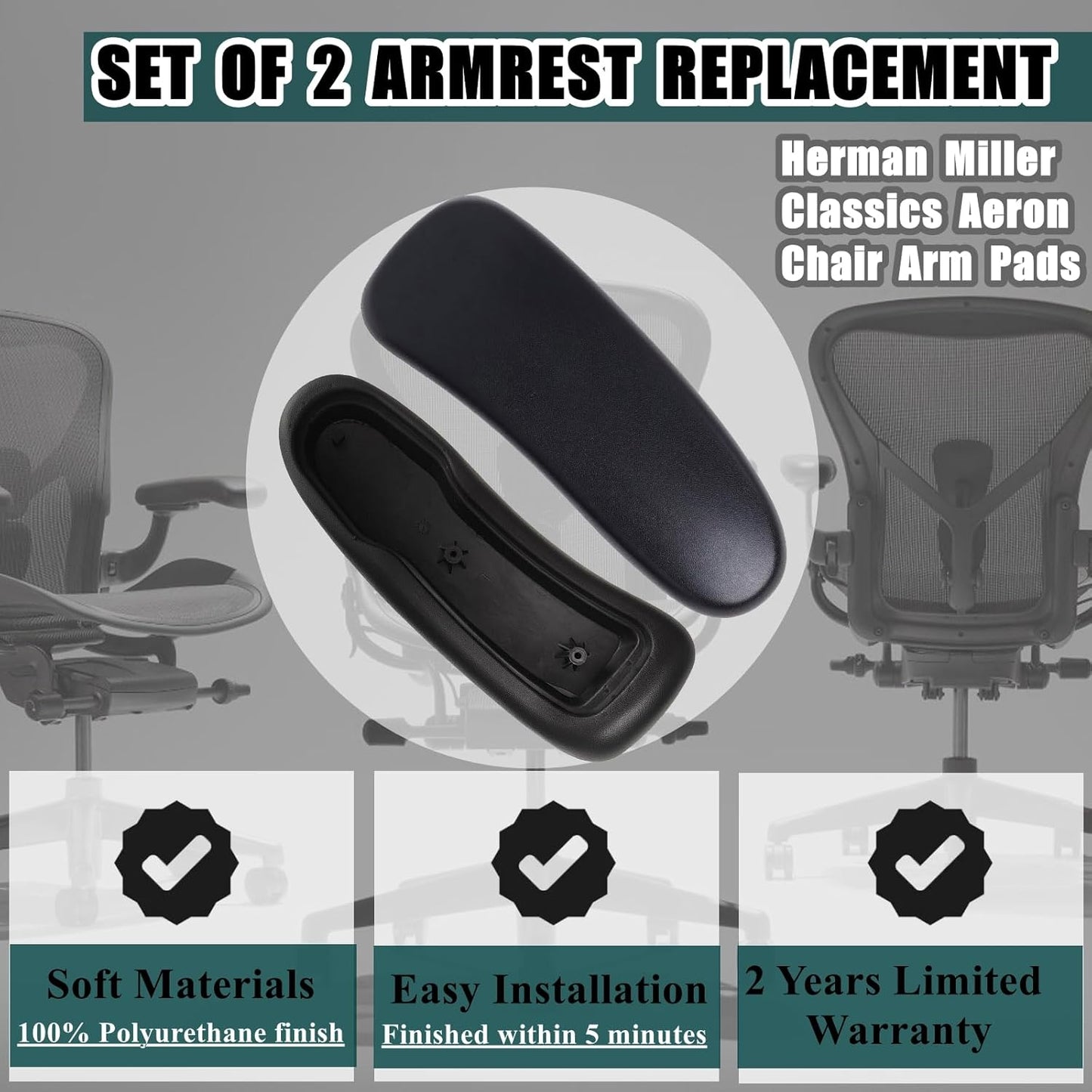Chair Armrest Replacement, Arm Pad Caps Replacement for Herman Miller Classic Aeron Chair Graphite Black 1 Pair