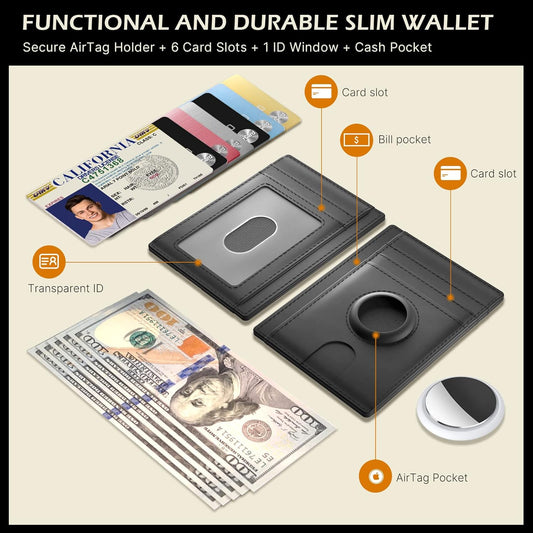 typecase Slim Minimalist Airtag Card Wallet for Men, Front Pocket Premium Crazy Horse Leather Wallet with Airtag Holder, RFID Blocking Cash Credit Card Wallet Compatible with AirTag (Black)