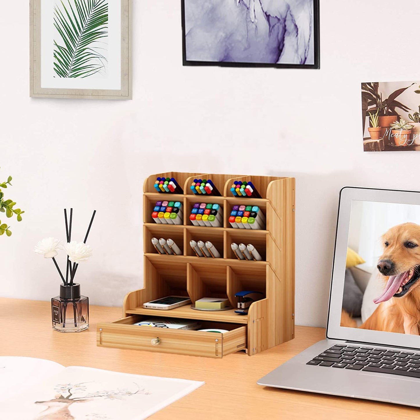 Marbrasse Wooden Desk Stationary Organizer, Multi-Functional Pen Holder, Storage Rack for School Home Office Art Supplie (B16-Cherry Color)