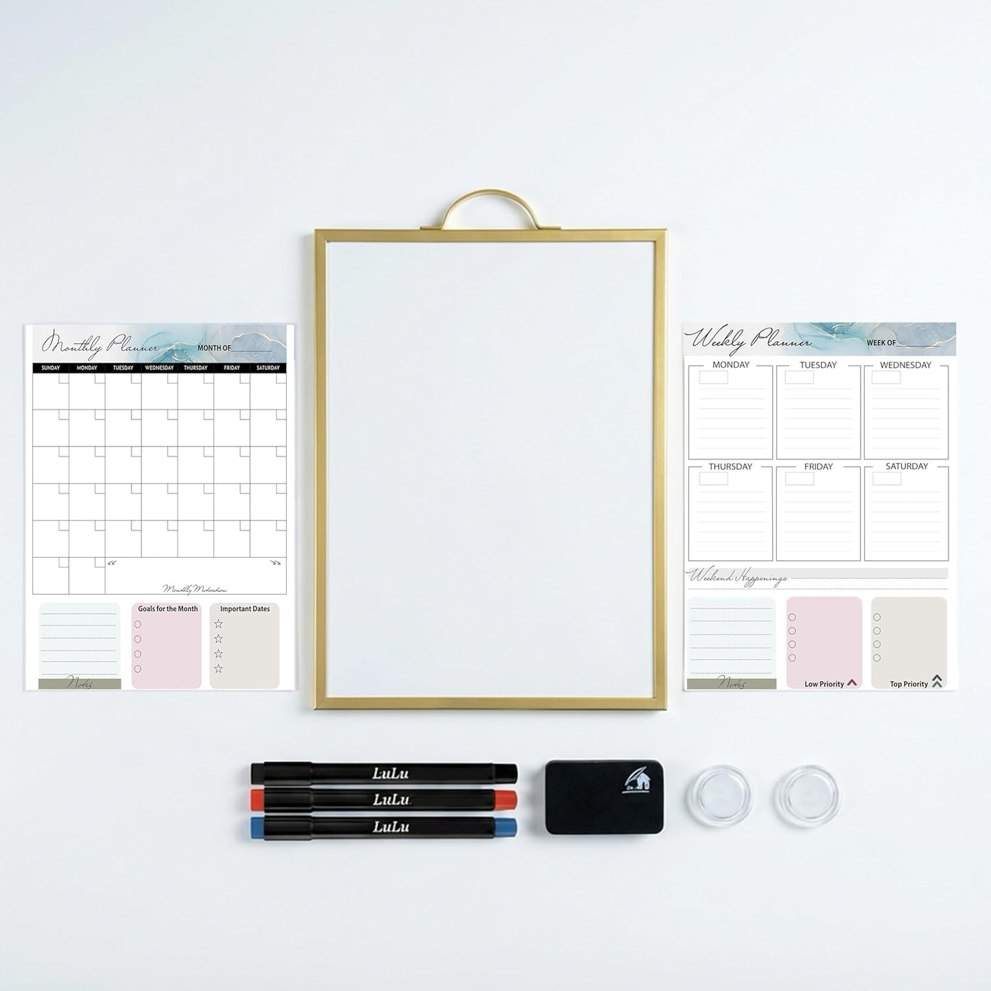 Magnetic Dry Erase Board 12x16 with Foldable Stand, Portable Gold Desktop Whiteboard for Home, Office, School & Kitchen, Includes Weekly & Monthly Magnetic Planner Sheets