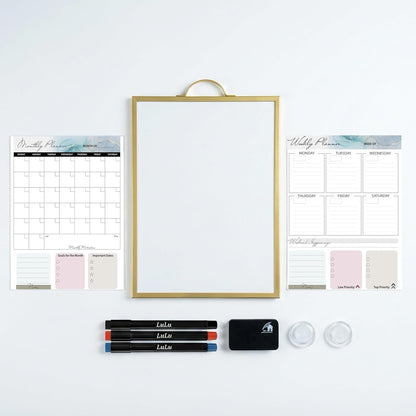 Magnetic Dry Erase Board 12x16 with Foldable Stand, Portable Gold Desktop Whiteboard for Home, Office, School & Kitchen, Includes Weekly & Monthly Magnetic Planner Sheets