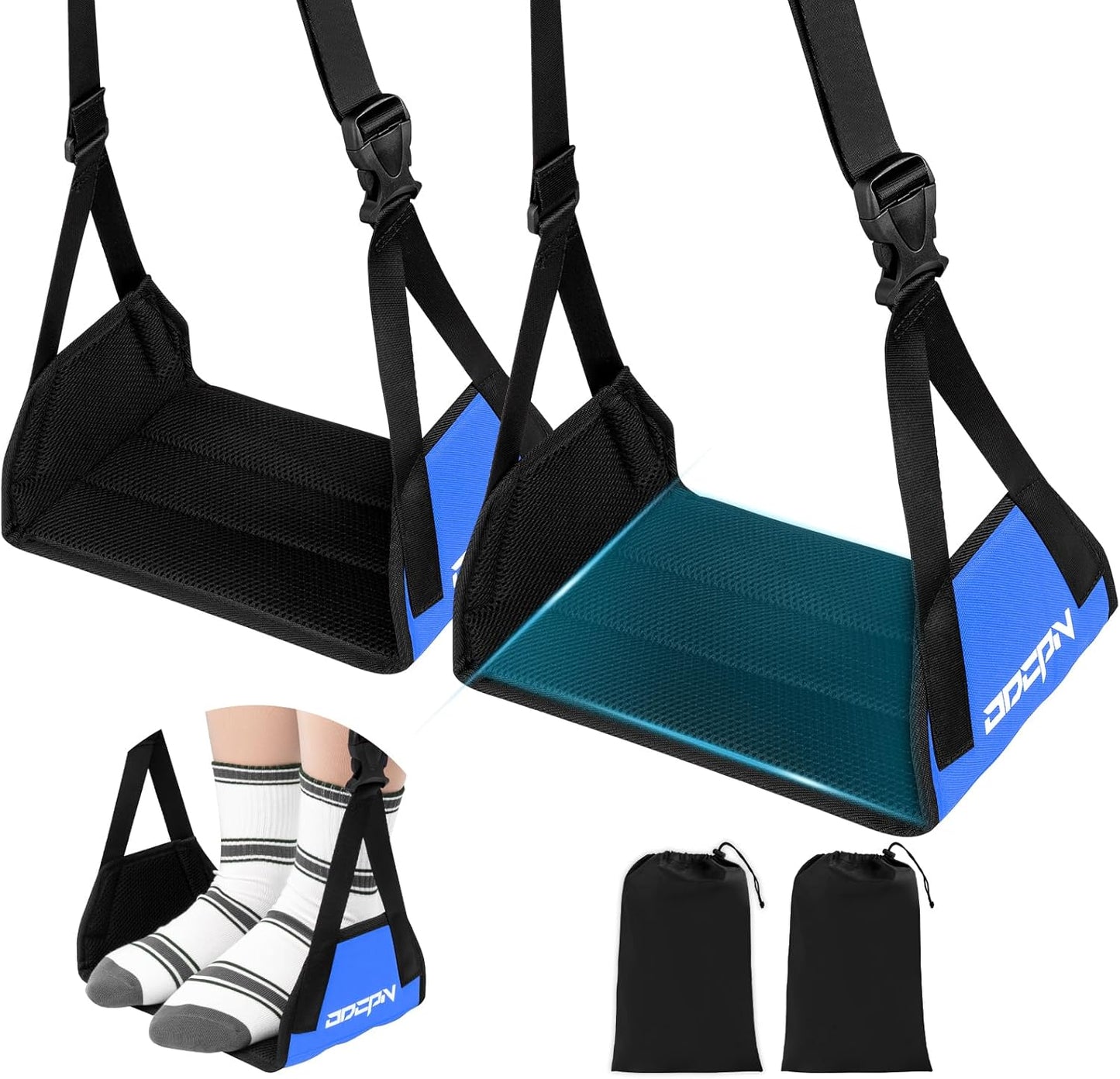 2-Pack Foot Hammock for Plane Travel, No Collapse Thickened Bamboo Airplane Foot Rest with Extended Adjustment Strap, Portable Desk Foot Hammock to Relax Your Feet, Foot Sling Travel Essentials(Black)