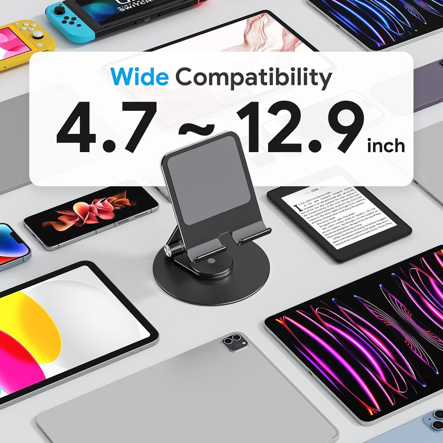 OMOTON T6 Swivel Tablet Stand for iPad with 360 Rotating Base, Foldable Adjustable Holder for Drawing, Compatible with iPad Pro/Air/Mini and More, Silver