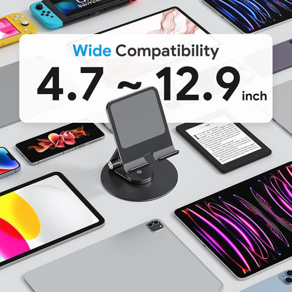 OMOTON T6 Swivel Tablet Stand for iPad with 360 Rotating Base, Foldable Adjustable Holder for Drawing, Compatible with iPad Pro/Air/Mini and More, Silver