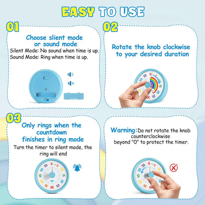 HIPPIH Visual Timer for Kids, 60 Minute Countdown Timers for Classroom Kitchen Office, Rainbow Disk Desk Timer Clock with Silent Operation, Pomodoro Timer Time Management Tools for Toddler ADHD Blue