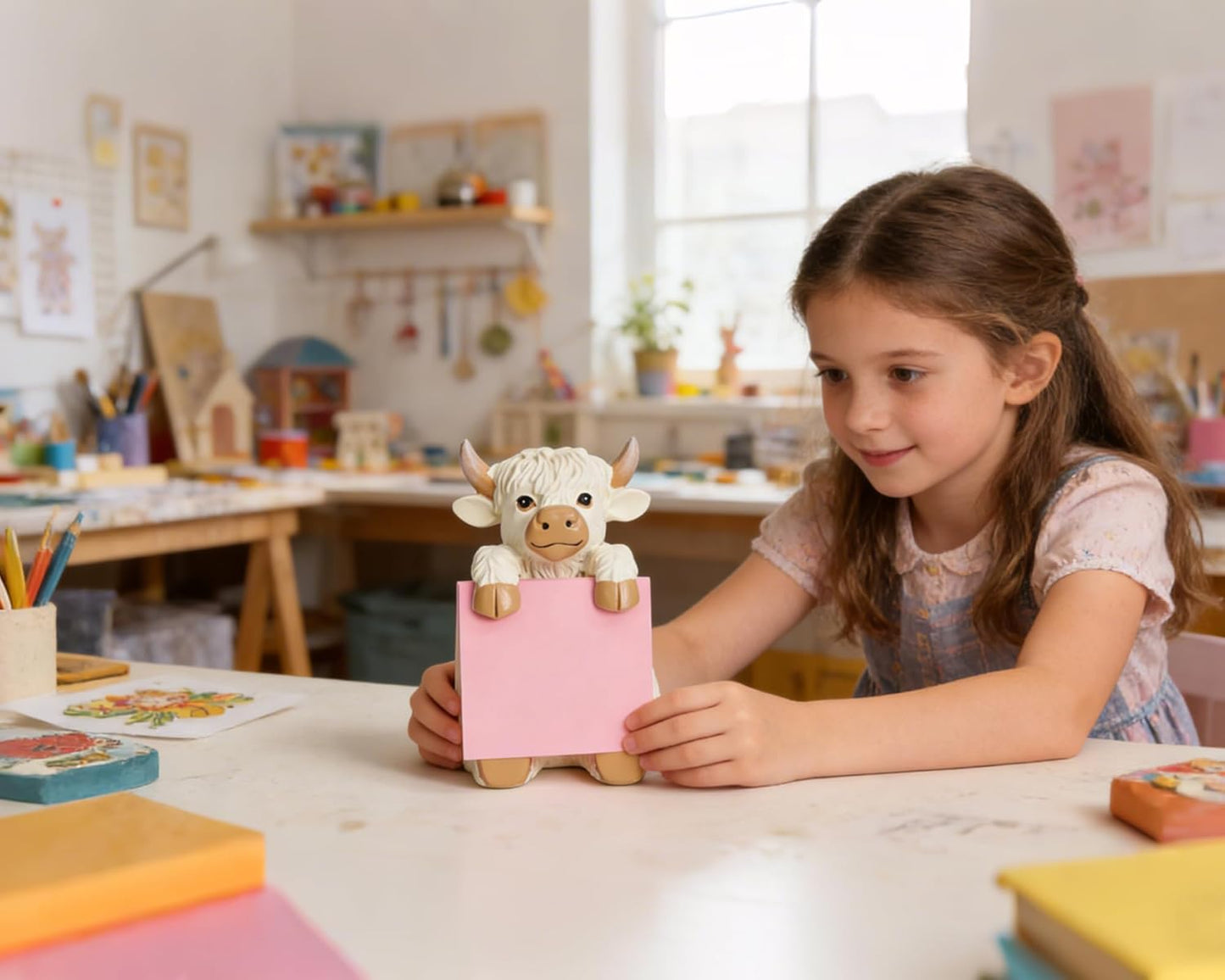 Highland Cow Pop-up Sticky Note Dispenser, Includes 1 Pad of 3x3 in Super Sticky Notes, 100 Sheets, Resin Cute Handmade Desk Holder for Office & Home-Beige